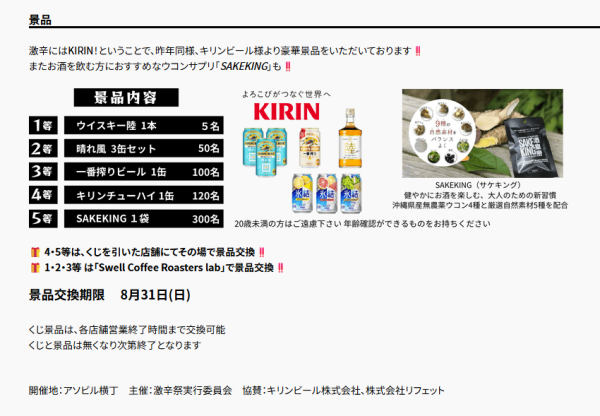 景品 激辛にはKIRIN！ということで、昨年同様、キリンビール様より豪華景品をいただいております‼️ またお酒を飲む方におすすめなウコンサプリ「SAKEKING」も‼️ 激辛祭2025景品 🎁 4・5等は、くじを引いた店舗にてその場で景品交換‼️ 🎁 1・2・3等 は「Swell Coffee Roasters lab」で景品交換‼️ 景品交換期限 　8月31日(日) くじ景品は、各店舗営業終了時間まで交換可能 くじと景品は無くなり次第終了となります 開催地：アソビル横丁　主催：激辛祭実行委員会　協賛：キリンビール株式会社、株式会社リフェット