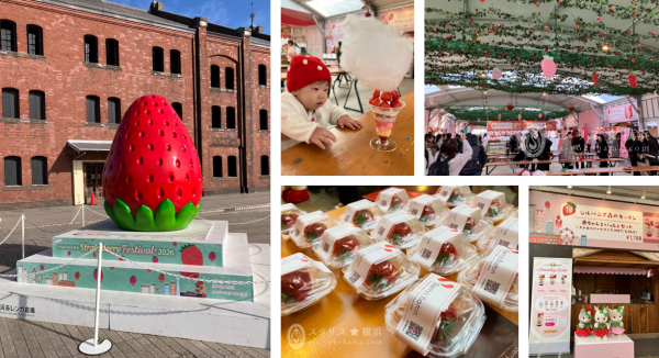 ＜イベントレポート＞『Yokohama Strawberry Festival 2026』横浜赤レンガ倉庫にて3月1日（日）まで開催中！巨大ないちごオブジェとともに、過去最多のべ46店舗が集結！ 「いちご味わいチャート」が活躍するご当地いちごの無料サンプリング・直売、いちごの種類から選び自分好みにカスタマイズするクレープなど「いちご好きには夢の空間」スタンプラリーや、ワークショップも実施！ 株式会社横浜赤レンガ 2026年2月6日 14時00分 44件のいいね！がされています 　横浜赤レンガ倉庫では、2026年2月5日（木）から3月1日（日）までの計25日間、横浜赤レンガ倉庫イベント広場にて『Yokohama Strawberry Festival 2026』を開催しています。 オープン初日、ご来場いただいた皆様からは「ここまでいちご尽くしなイベントはほかになく、フォトスポットも充実していて、いちご好きにとって夢のような空間」などとご好評いただきました。 会場の様子／展開メニュー一例 ＜主な見どころ＞ 　今年で13回目の開催を迎える本イベントは、昨年の会期中には約58万人(※1)の方が横浜赤レンガ倉庫へお越しいただくなど2013年の初開催以来、“いちご”の新しい楽しみ方を伝えるイベントとして多くの方に親まれてきました。 ※1 横浜赤レンガ倉庫1・2号館来館者数より算出 　今回のイベントテーマは「いちごトリップ」ということで、日本各地から集まるご当地いちごを通じて地域の魅力に触れたり、いちごスイーツやグッズにときめき癒されたり、いちごをきっかけに横浜エリアを散策したりと、様々ないちごをめぐる“いちごの旅”をお楽しみいただけます。会場には過去最多となるのべ46店舗が並び、最新から定番までバリエーション豊かないちごスイーツが勢揃いするほか、ご当地の生いちごやスイーツＷ杯優勝パティシエのスイーツも日にち限定で登場します。さらに、味わうだけではない、いちごにまつわるワークショップや、本イベントと連動して期間中に様々ないちごメニューを展開する近隣施設を巡るスタンプラリーなど、様々な角度からいちごを堪能いただけます。 ■今年の目玉コンテンツ！いちごの種類からトッピングまでカスタマイズできる「旅するいちごのクレープリー」 　自分好みにカスタマイズした特別なクレープを食べることができる体験型ブース「旅するいちごのクレープリー」が今年初登場しています。本イベントオリジナルのキュートなオーダーシートに注文を手書きでチェックしていただくことで、まるでメニューを作っているような気分もお楽しみいただけます。メインとなるいちごを、日替わりで厳選した4種類以上の産地・品種から選び、トッピングとしてクリーム・ソース・アイス・ケーキ等を選べば、自分好みのクレープが完成！ 　いちご生産量全国トップクラスの都道府県が参加する「全国いちご会議」の県産いちごも数量限定で登場します。気になるいちごがあれば個数を追加して食べ比べるのもおすすめです。オーダーいただいたお客様からは、「トッピングだけではなくいちごも選べるのが嬉しい。3種類のいちごを同時に楽しめるので、品種の違いも味わうことができた」「オーダーする人によって、全体の色味など見た目がまったく違うクレープが出来上がったのが驚き」などとお楽しみいただきました。自分好みにカスタマイズするワクワク感をご体験ください。 カスタマイズの様子 完成したクレープ 店舗の様子 ■あなたもいちごマスターに？食感×味わいの2軸で整理した最新版「いちご味わいチャート2026」 　日本野菜ソムリエ協会の「いちごソムリエ」監修のもと、日本各地の多彩ないちごを“食感”と“味わい”の2軸で整理し、その個性がひと目で分かるチャートを会場内に掲出します。地域ごとに表情の異なるいちごの特徴を知りながら、日本全国をめぐる“いちごトリップ”気分を味わえるコンテンツとしてお楽しみいただけます。 　ブランドいちご直売ブースからは、「全国各地のいちごを一度に比較できる貴重な機会なので、日本にあると言われる300品種以上の中から是非自分のお気に入りのブランドいちごを見つけていただきたい」などのコメントをいただきました。 いちご